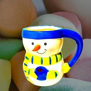 Bay Island Ceramic 3D Snowman Mug Cup Blue Handle Gloves Green Scarf. 4.25” Tall